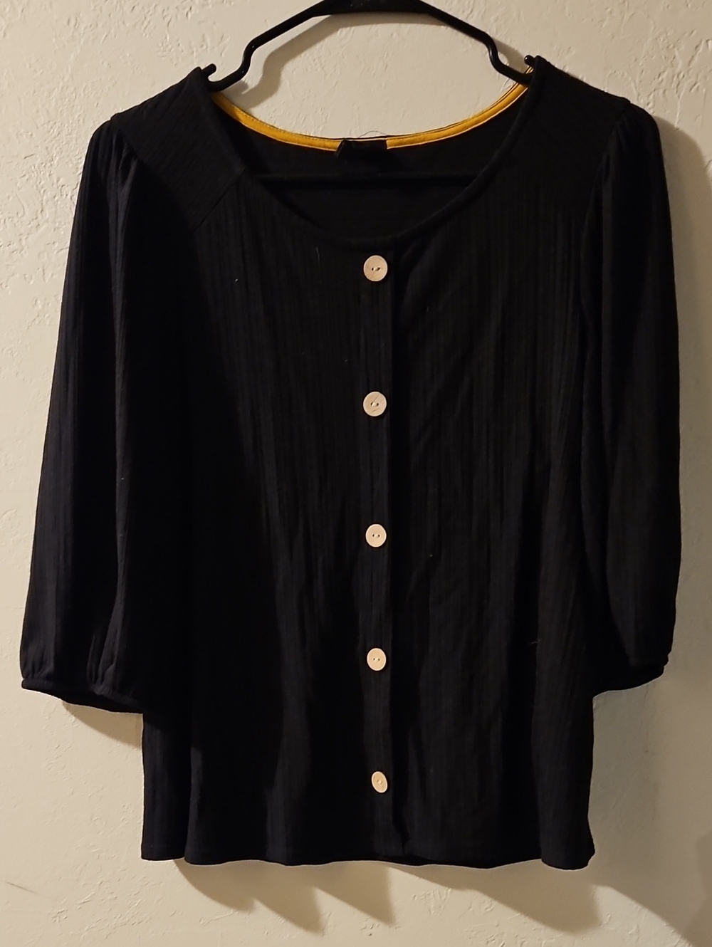 W5 Black Button-Front Top with Yellow Neck Trim